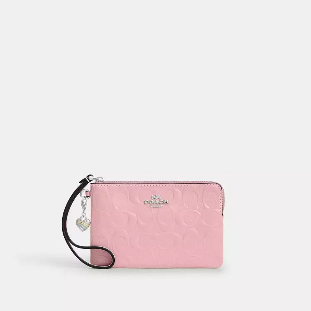 Coach Corner Zip Wristlet In Signature Leather With Heart Charm (Pink)